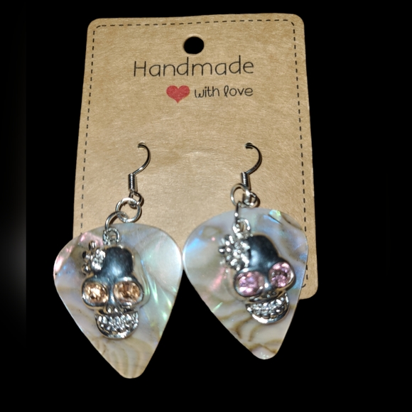 3/$30 Handmade Greyish Guitar Pick With Skull and Orange Crystal Eye L4 - Picture 2 of 2